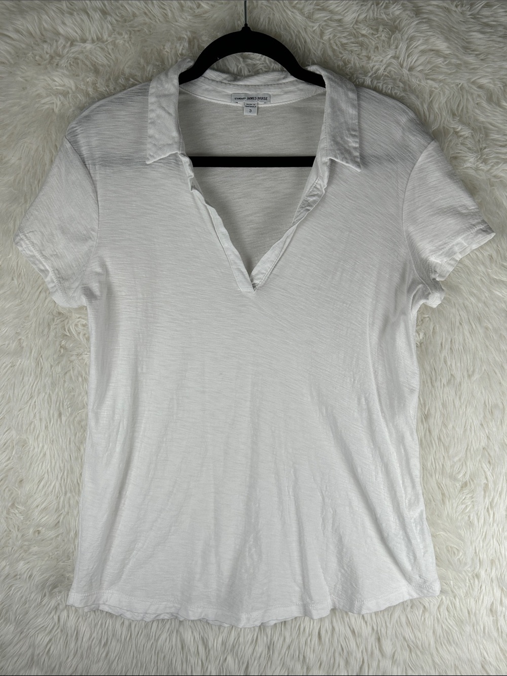 James Perse White Slub V-Neck Polo Tee